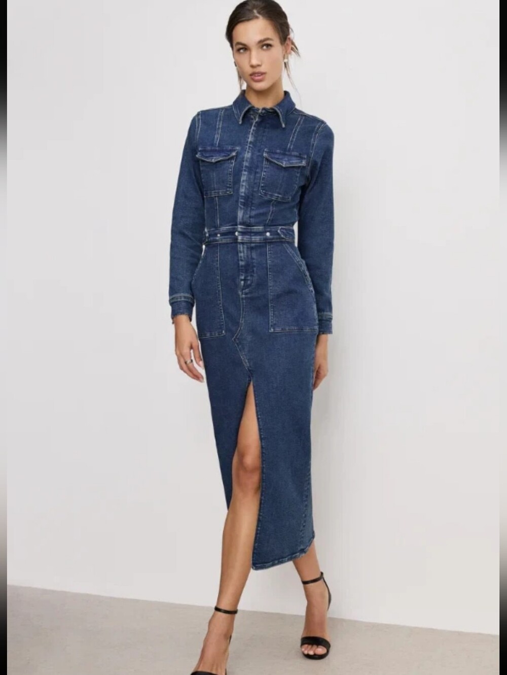 Good American Long Sleeve Midi Denim Dress NWT Retail $229-retrofete-zara-revolv